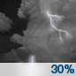Saturday Night: A 30 percent chance of showers and thunderstorms before 2am.  Mostly cloudy, with a low around 70.